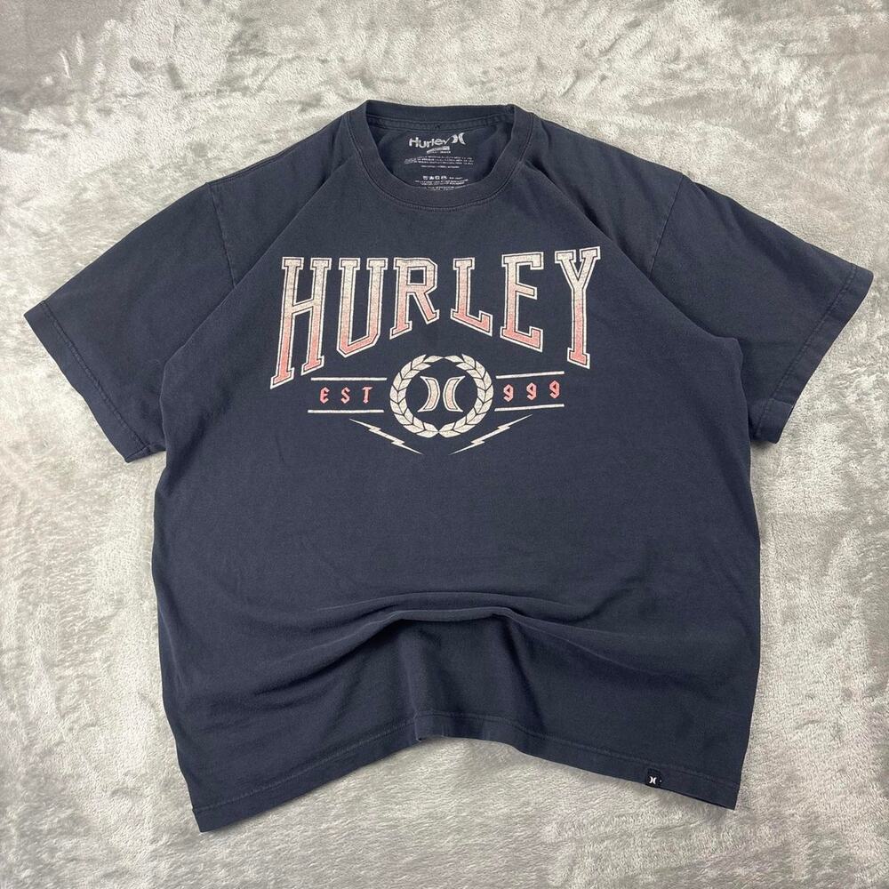 Y2k Hurley Men’s Large Navy Graphic T Shirt Surf Logo 100% Cotton Distressed